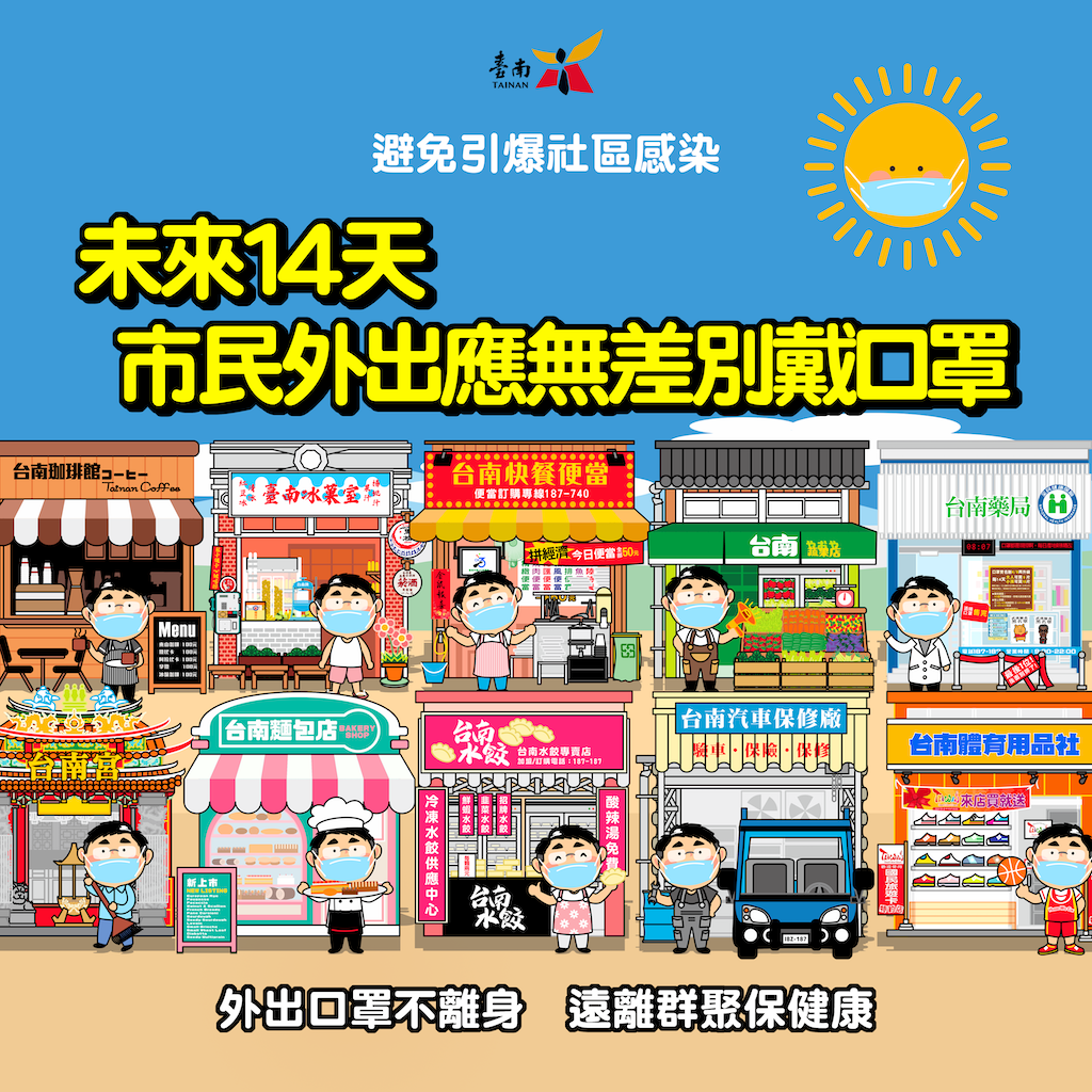 避免引爆社區傳染，台南市長黃偉哲今天宣布，未來14天市民無差別戴口罩。  台南市府提供