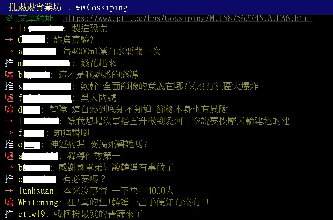針對韓國瑜要強制4000醫護篩檢，ptt上也熱烈討論。 圖：翻攝自ptt