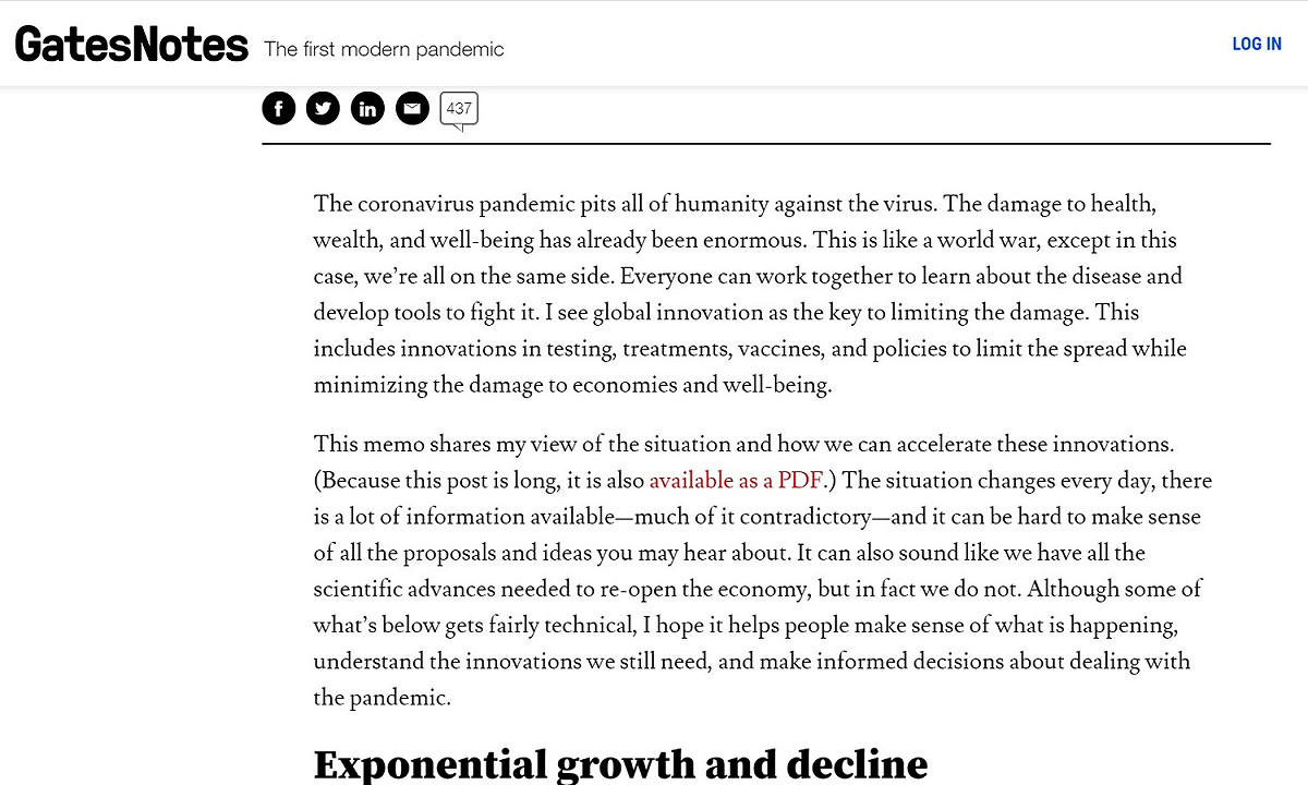 比爾蓋茲（Bill Gates）在部落格貼文，談論武漢肺炎疫情與全球經濟現況。 圖：取自比爾蓋茲的部落格