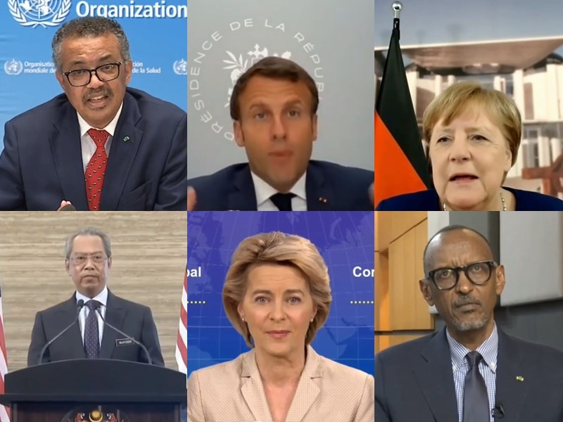 世衛組織秘書長譚德塞（上排左）大動作邀請法國總統馬克宏（上排中）、德國總理梅克爾（上排右）、馬來西亞總理慕尤丁（下排左）、歐盟執行委員會主席范德賴恩（下排中）及盧安達總統卡加米等10餘位領導人及民間代表等發表視訊談話。（圖取自twitter.com/who） 圖 : 翻攝自twitter.com/who