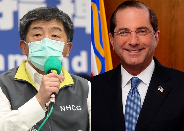 衛生福利部長陳時中與美國衛生及公共服務部長阿札爾今（27）晚舉行雙邊電話會議。 圖：新頭殼合成（疾管署提供/US DHHS）
