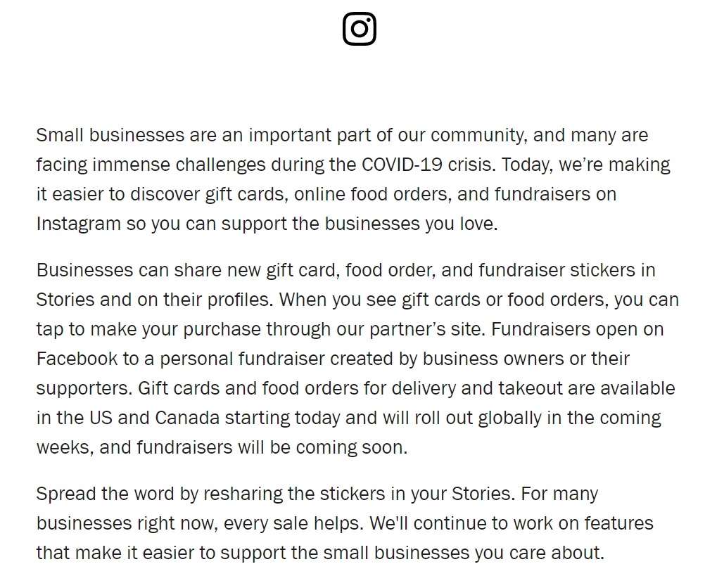 Instagram開放用戶可以直接透過平台向業者訂購美食外送，以支持喜愛的餐廳及店家。 圖：取自Instagram from Facebook的美國版部落格