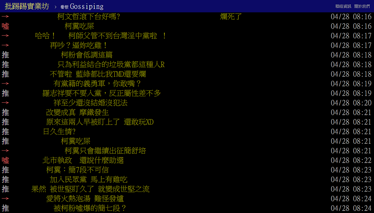 針對柯陣營再被爆桃色風波，網友對此回應，「柯文哲滾下台好嗎？爛死了」。 圖：翻攝自PTT