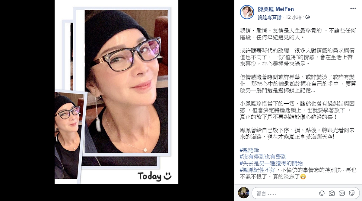 陳美鳳語重心長表示「放下才能海闊天空」、「失去是另一種獲得的開始」。 圖 : 翻攝自陳美鳳臉書