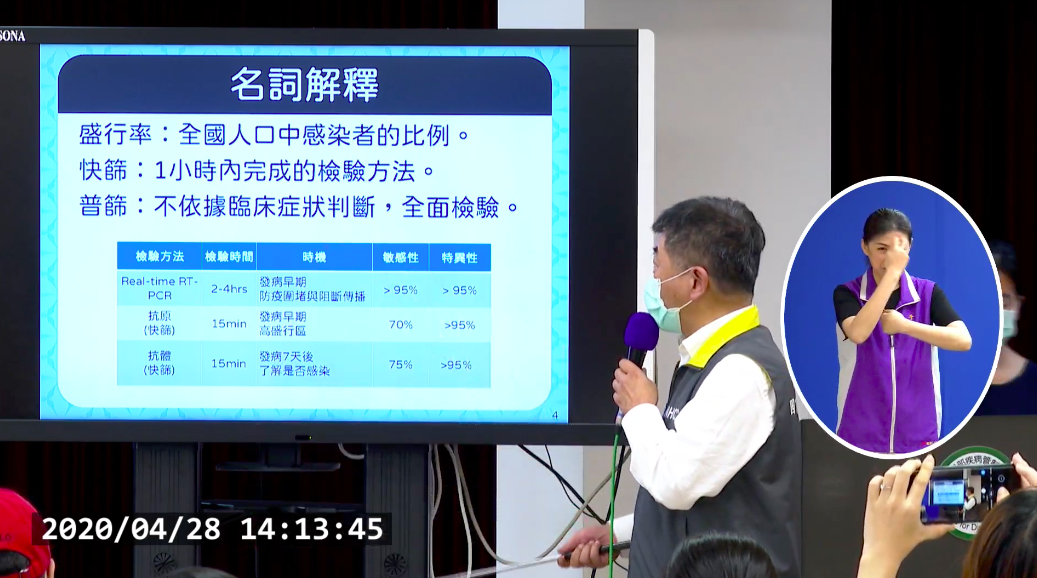 陳時中向大眾說明現行採檢方式。 圖：截自中央流行疫情指揮中心直播影片