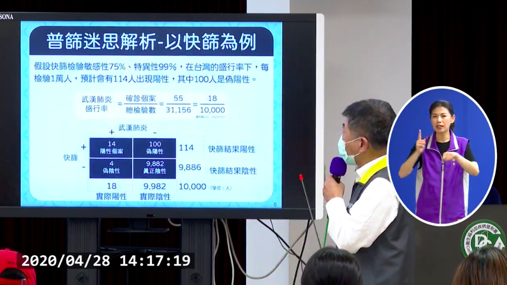 陳時中向大眾解析普篩迷思。 圖：截自中央流行疫情指揮中心直播影片