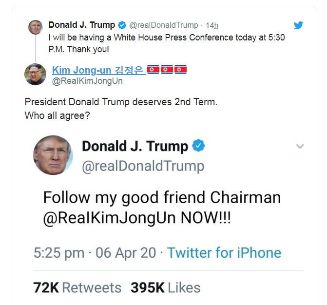 以金正恩帳號為名的回應並轉推川普推特。 圖:擷取自twitter