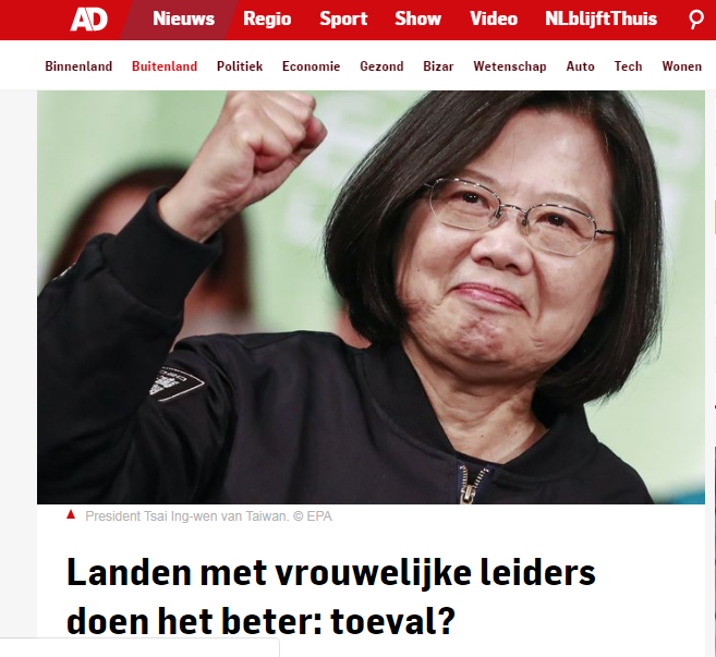 荷蘭全國性大報《大眾日報》（Algemeen Dagblad）撰文稱讚在蔡總統的領導下，台灣是應對疫情的全球領先者。 圖：翻攝Algemeen Dagblad官網
