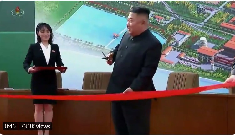 金正恩不僅步伐有些緩慢，就連拿起剪刀剪綵的動作都顯得有些僵硬。 圖：翻攝自推特