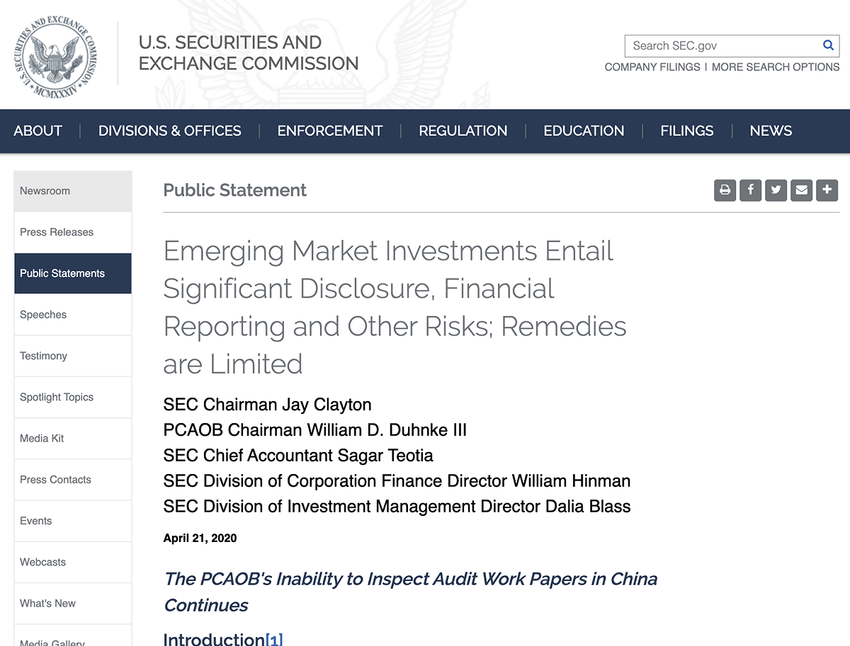 據知名財經媒體Forbes報導，美國證券市場的主管機關—證監會（Securities and Exchange Commission－SEC）在4/21發佈了一個指引（Guidance）。 圖：林若伊／提供