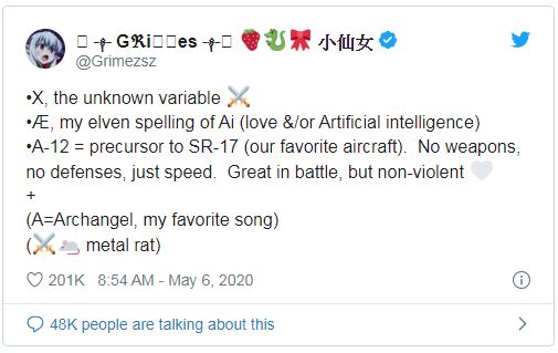 馬斯克女友Grimes在twitter上說明了孩子姓名「X Æ A-12」的解讀方式。 圖：取自馬斯克女友Grimes的推特