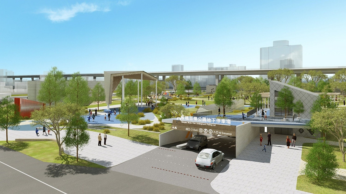 板橋音樂公園地下停車場外觀示意圖。  圖：新北市交通局提供