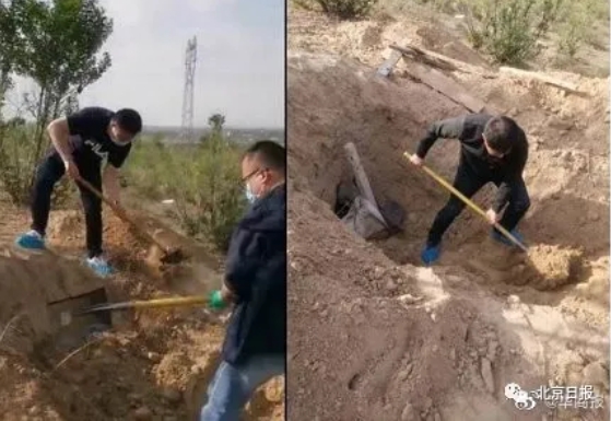警方挖出遭活埋的母親。 圖：翻攝自北京日報