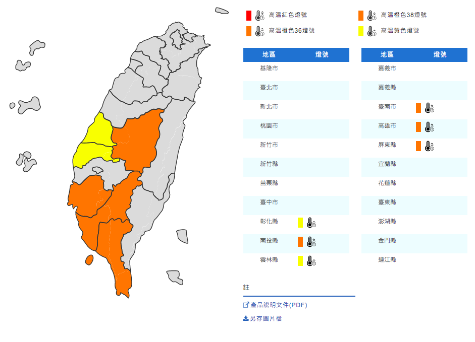 中央氣象局針對中南部6縣市發布高溫特報。 圖：取自中央氣象局官網