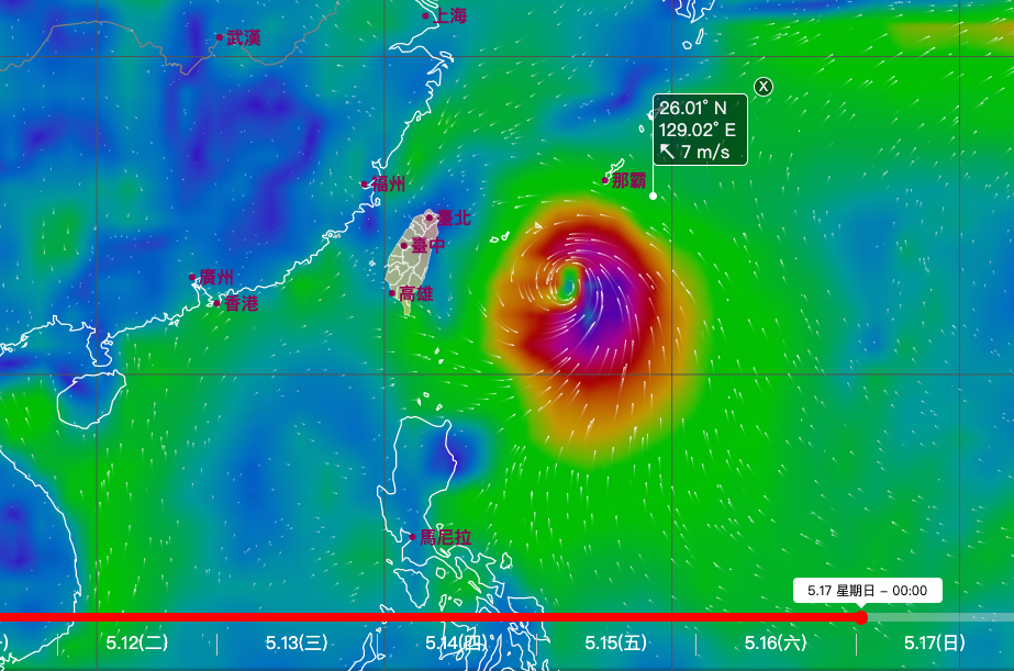 根據中央氣象局風場預測顯示圖，這個熱帶擾動接近呂宋島後將北轉，17日有機會靠近巴士海峽附近。 圖：取自中央氣象局