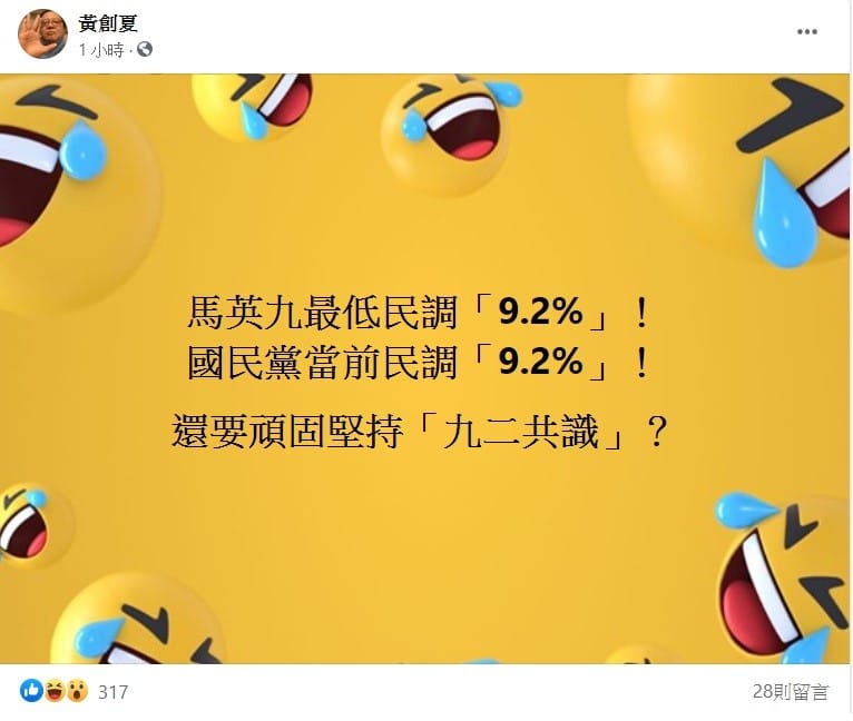 資深媒體人黃創夏今日在臉書上表示，馬英九最低民調「9.2％ 」！國民黨當前民調「9.2％ 」！還要頑固堅持「九二共識 」？ 圖：翻攝自黃創夏臉書