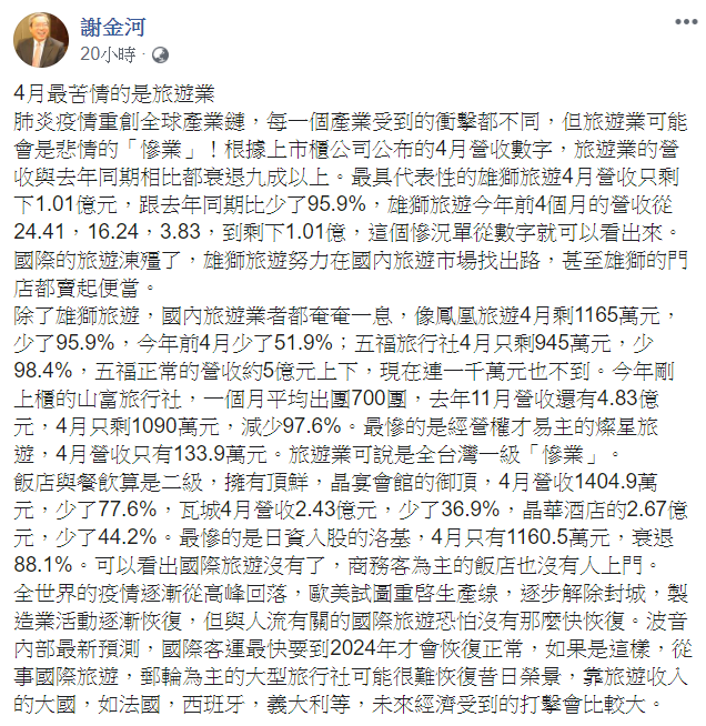 謝金河提到，除了雄獅旅遊，國內旅遊業者也都奄奄一息。 圖：翻攝自謝金河臉書