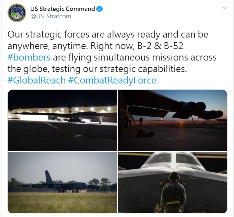 美國戰略司令部在推特表示，B-2與B-52 轟炸機正在同時執行全球任務，以測試美軍的戰略能力。 圖：翻攝自美國戰略司令部推特