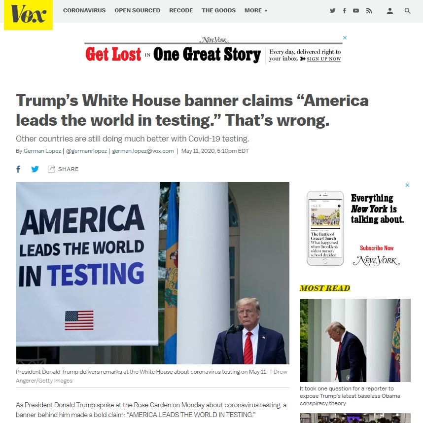 美國VOX新聞網認為，「這種說法非常具有誤導性，其他國家在新冠病毒檢測方面做得更好」。 圖：翻攝自VOX新聞網