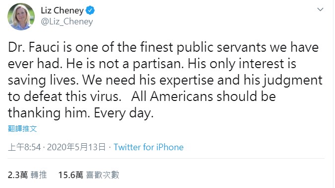 麗茲錢尼肯定佛奇的見解。 圖：翻攝自Liz Cheney推特
