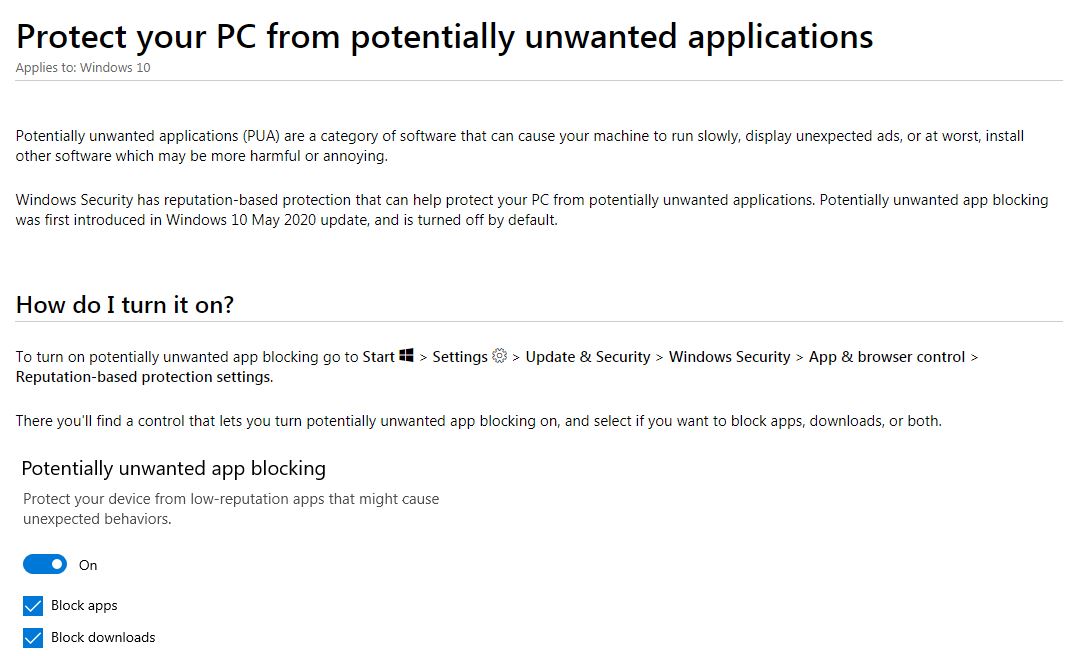 微軟預告將在 Windows 10年度大更新中加入新功能，可以偵測及封鎖潛在的有害應用程式。 圖：取自微軟官網
