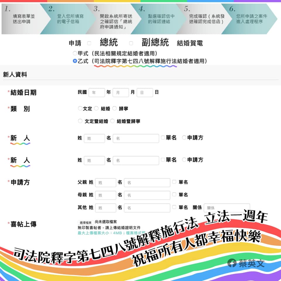蔡英文總統在臉書曝光申請總統府結婚賀電的小小更動，象徵國家開始有很多重要的改變。 圖：翻攝蔡英文臉書
