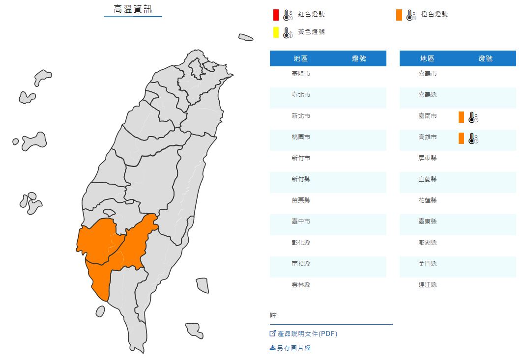 中午前後台南市、高雄市近山區或河谷為橙色燈號，有連續3天出現36度高溫的機率。 圖：翻攝自氣象局網站