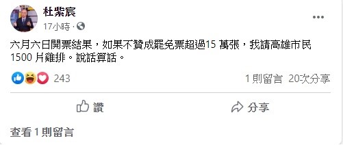 杜紫宸昨日在臉書上公布祭品文消息，引起大家關注。 圖：翻攝自杜紫宸臉書