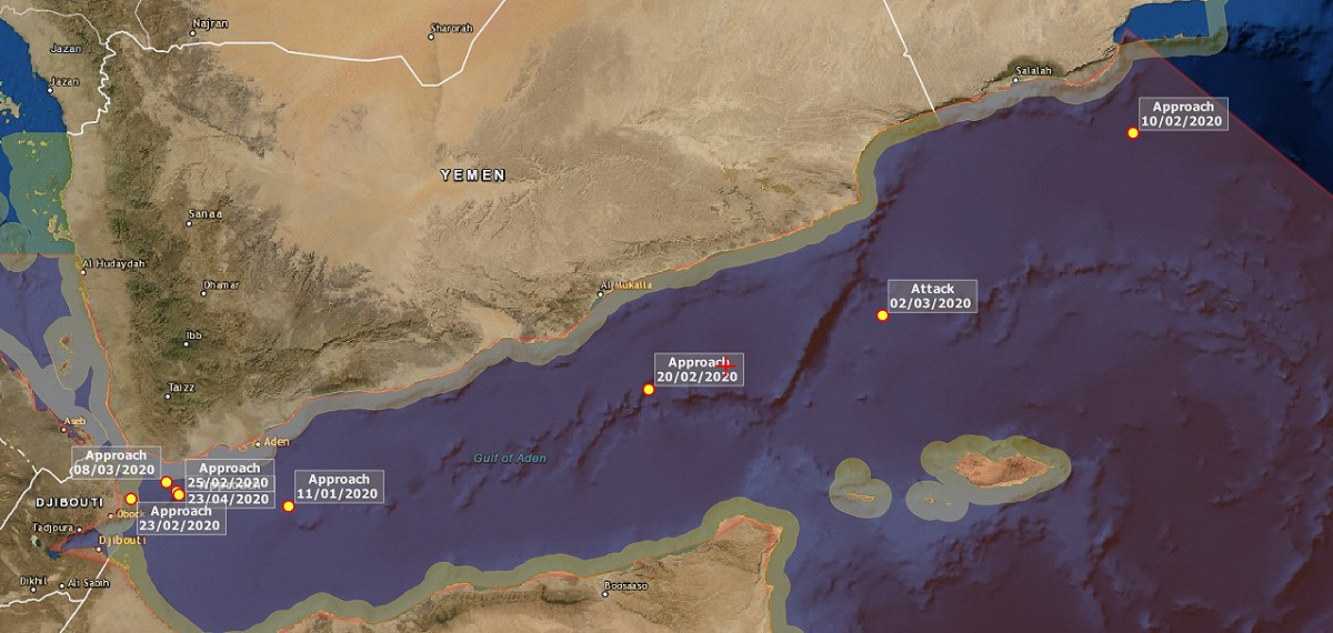 葉門海域亞丁灣海盜攻擊事件頻傳，英國油輪「Stolt Tankers」在距離海岸75海浬處遭到夾擊。 圖：翻攝自Dryad Global推特