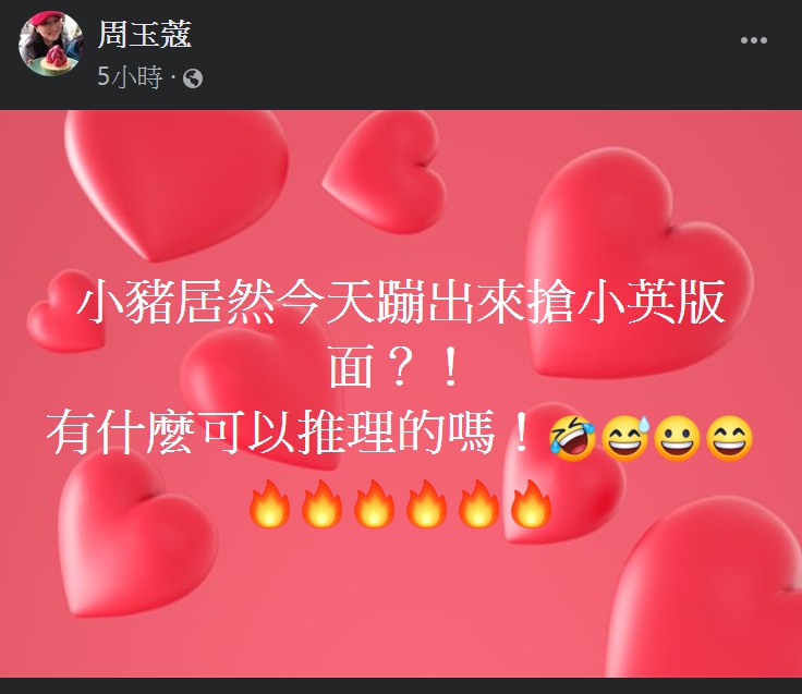 周玉蔻在臉書發文表示，小豬居然今天蹦出來搶小英版面？！認為案情不單純 圖：取自周玉蔻臉書