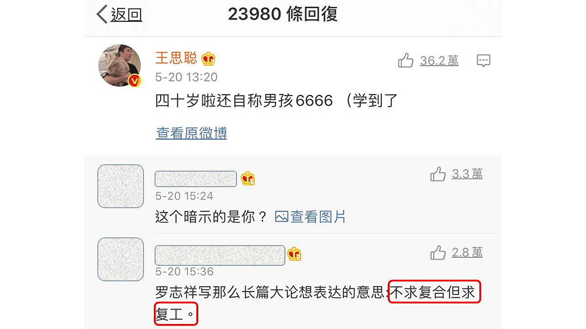中國網友回應王思聰留言。 圖：擷取羅志祥微博