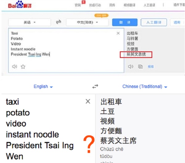 Google翻譯將蔡英文「總統」用中國用語翻譯成「主席」，而中國百度卻直譯為「總統」。 圖：翻攝TaiwanWarmPower臉書