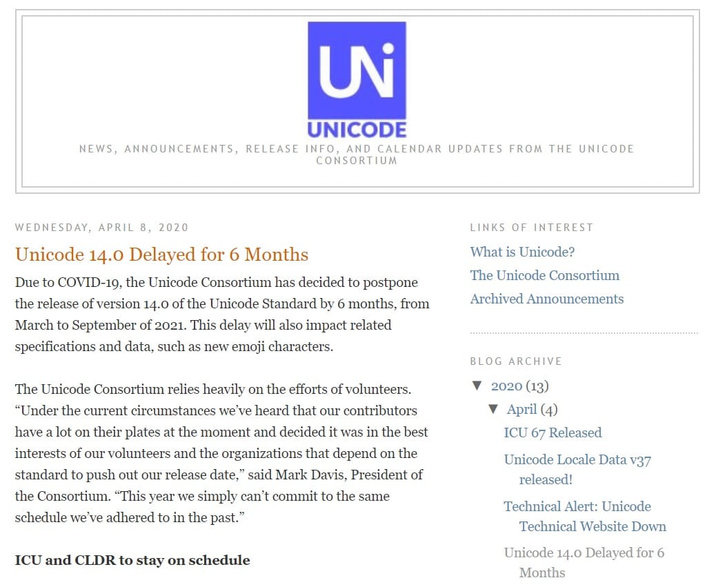 統一碼聯盟（Unicode Consortium）表示，原訂明年3月推出的表情符號「Emoji 14.0」版將延遲發表。 圖：取自UNICODE準則公告官網