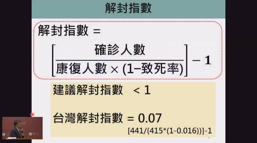 台大公衛設計出一套解封指數計算公式。 圖：取自台大公衛直播影片