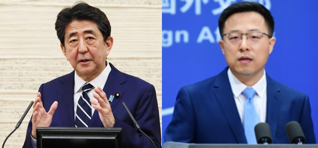 日本首相安倍晉三(左)、中國外部發言人趙立堅(右)。 圖：新頭殼/合成