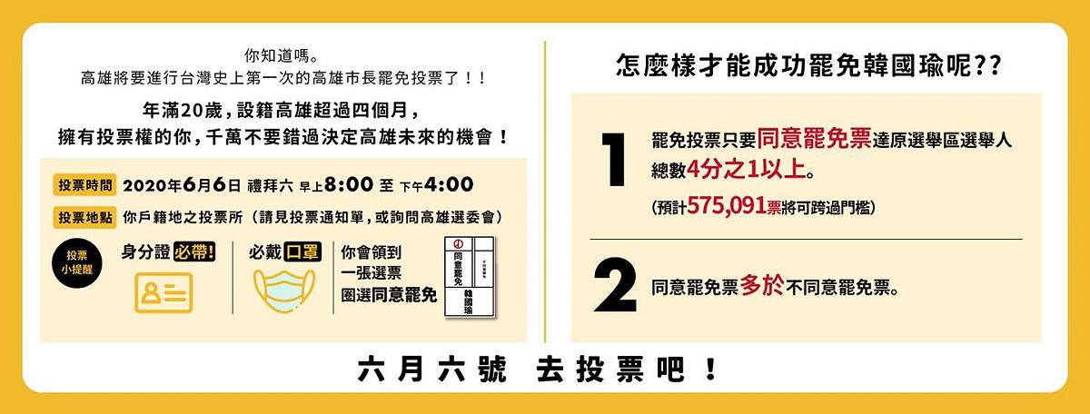 Wecare高雄推罷免投票Q&amp;A，並提醒「身分證和口罩」這兩樣千萬不能少！ 圖：翻攝自Wecare高雄臉書