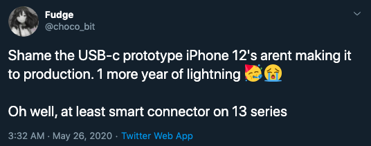 知情人士Fudge透露iPhone無線充電需等到2021年。 圖：擷取自Fudge推特
