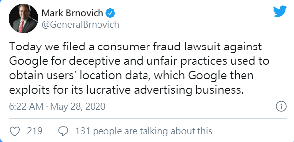 針對Google的濫用個資風暴，亞利桑那州檢察長Mark Brnovich在推特為此發文，表示已經對Google提告。 圖：擷取自Mark Brnovich推特