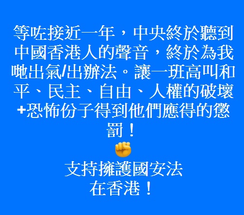 親中建制派港人感謝中共通過國安法 圖:擷取自臉書