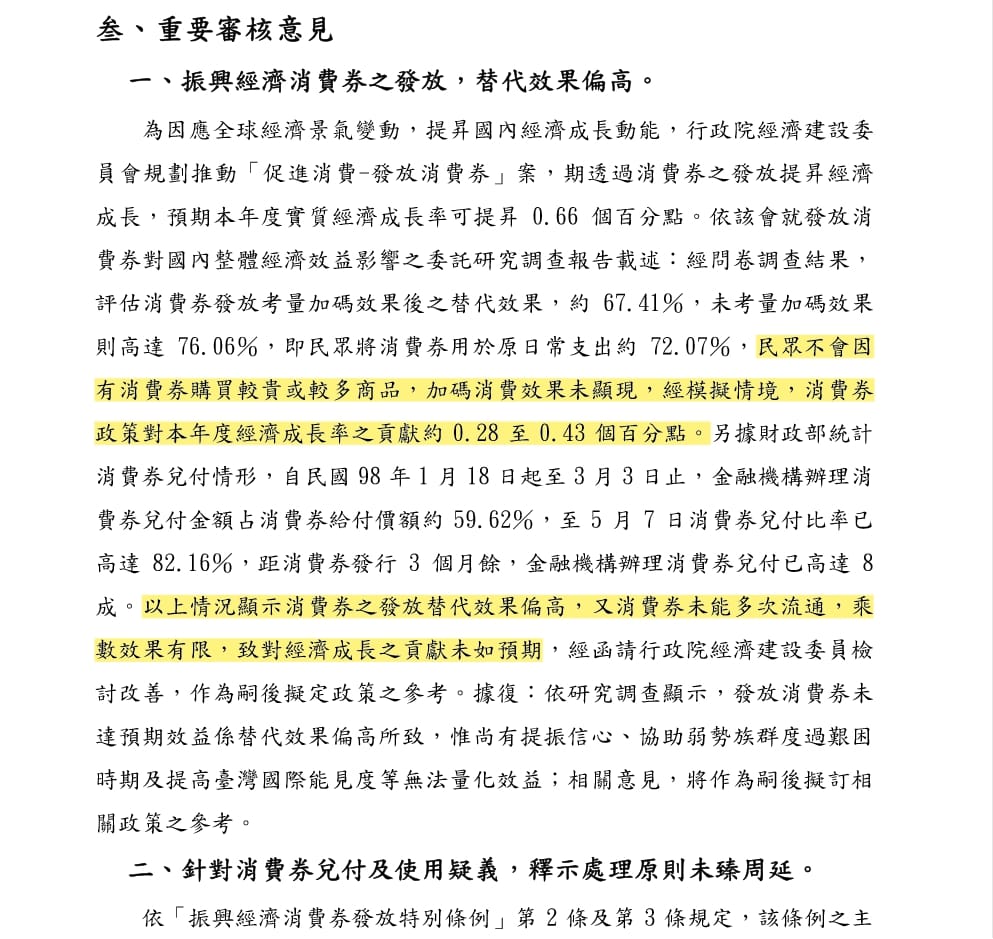2010年審計部針對當時消費券政策的評估報告。 資料來源：審計部