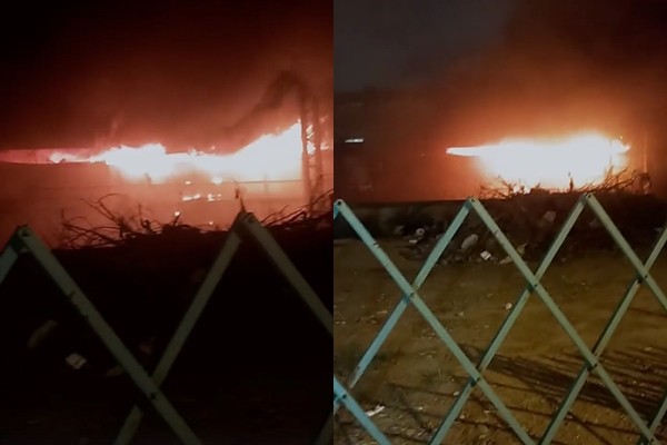 台中市東區新民街32號的舊建國市場31日深夜11點傳出火警，現場不斷傳出爆炸聲。 圖：翻攝爆料公社