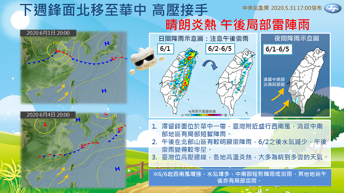 台灣位於高壓邊緣，本週須留意午後雷陣雨。  圖：翻攝自報天氣臉書