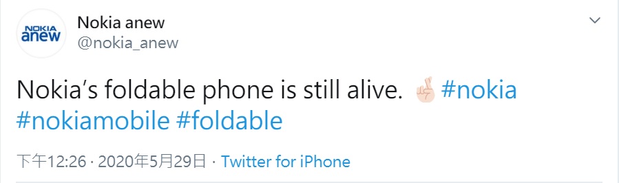部落客爆料Nokia正在研發摺疊手機。 圖：截取自Nokia anew 的推特