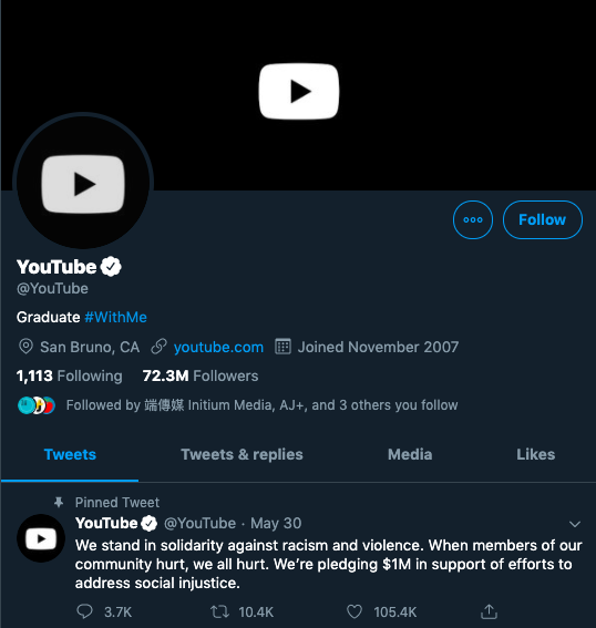 YouTube更換全黑封面照片。 圖：翻攝自YouTube官方推特