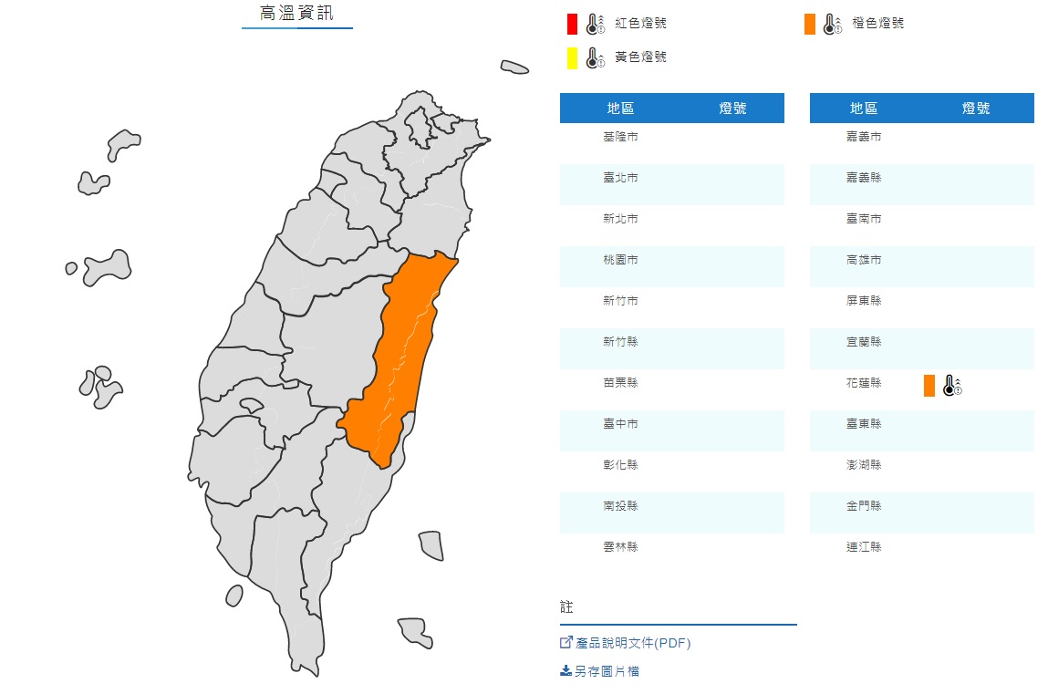 中央氣象局針對花東縱谷地區發出高溫的橙色警報，請民眾減少非必要的戶外活動。 圖：翻攝自中央氣象局