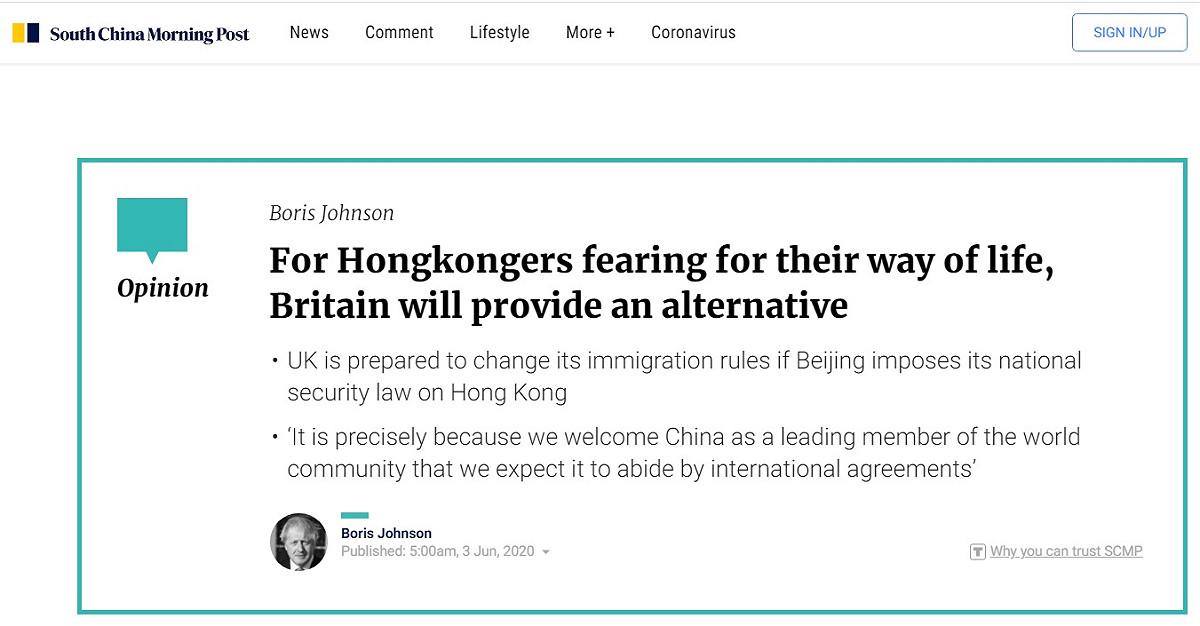 英國首相強生投書港媒《南華早報》，表示如果中國一意孤行，英國將改變移民規則，提供給香港人另一種選擇。 圖：翻攝自《南華早報》