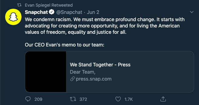 Snapchat執行長Evan Spiegle公開譴責種族歧視。 圖：擷取自Evan Spiegle推特