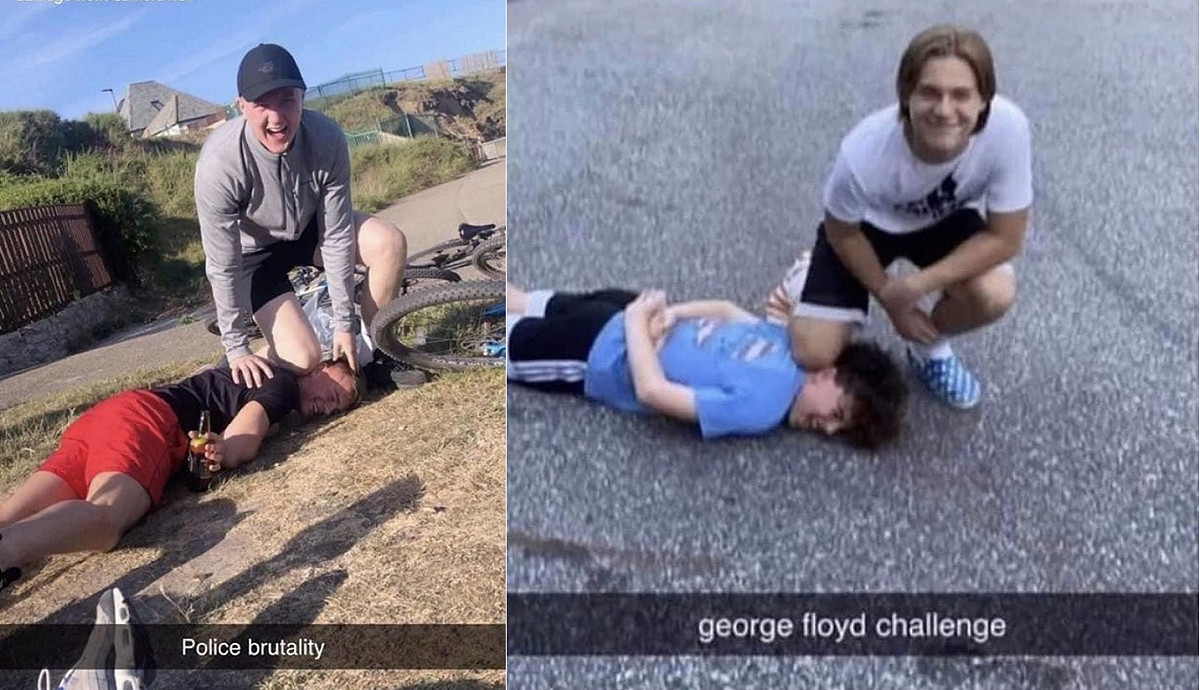 不少白人發起佛洛伊德挑戰（Floyd Challenge），模仿白人警方壓制佛洛伊德的動作，引發討論。 圖:翻攝自twitter