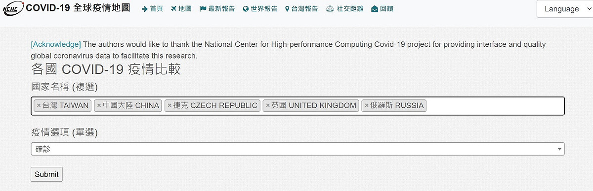 「國際社交距離計步器」可以查詢其他國家與我國的疫情距離。 圖：截取自國網中心「武漢肺炎全球即時確診地圖」平台