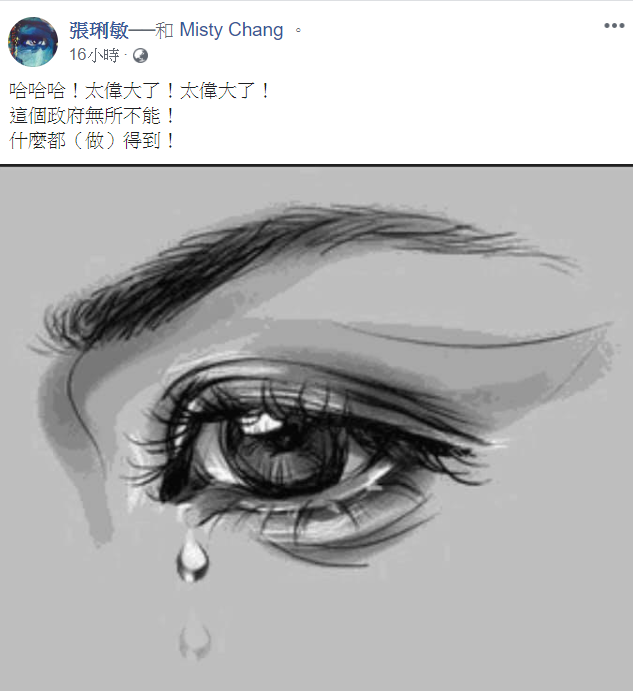 張琍敏得知罷韓成功消息後，在臉書放上一張流淚照。 圖：翻攝自張琍敏臉書